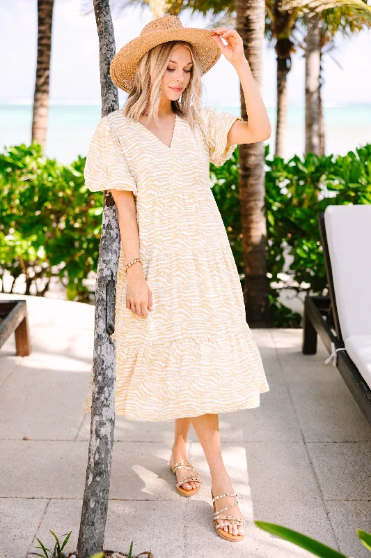 Someday Soon Lemon Yellow Zebra Striped Midi Dress