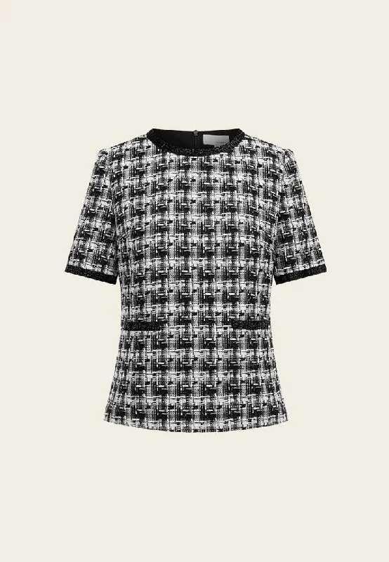 Tweed Plaid Pattern Stand Collar Top