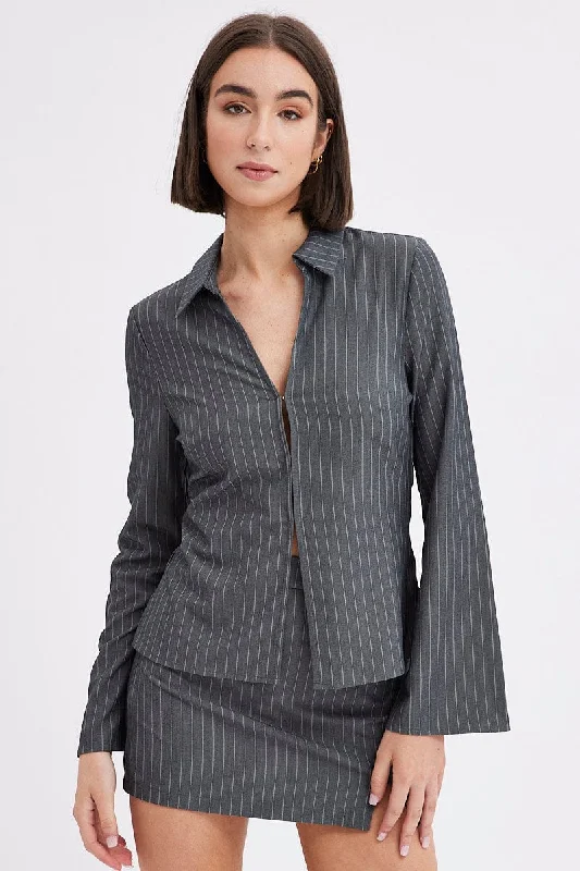 Grey Stripe Shirt Long Sleeve Collared Hook & Eye