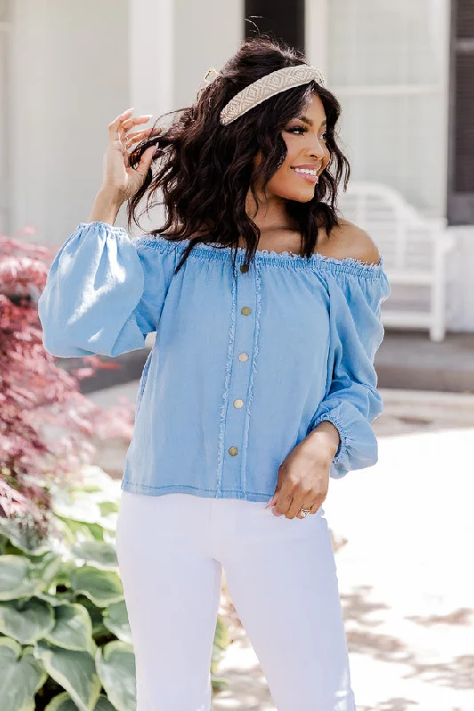 In The Countryside Medium Wash Off The Shoulder Button Front Chambray Blouse FINAL SALE