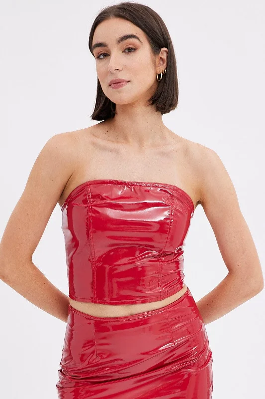 Red Corset Top Sleeveless Strapless Bandeau PU Patent