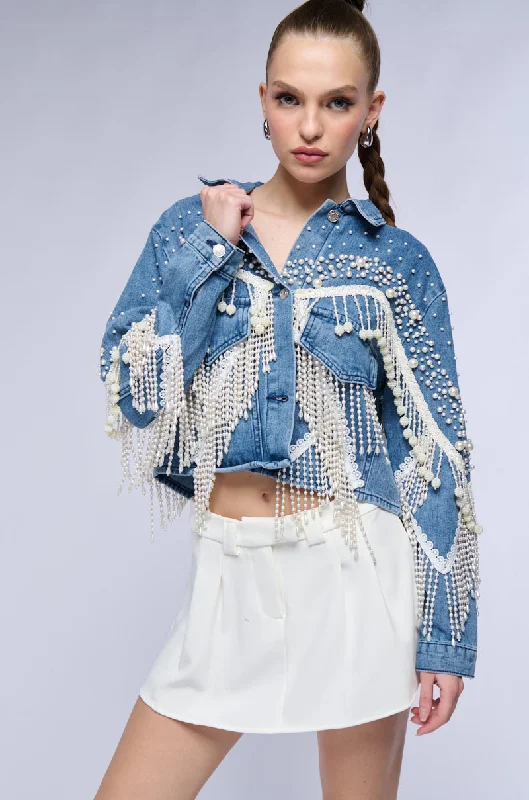 THE WORLD IS YOUR OYSTER PEARL TRIM DENIM JACKET