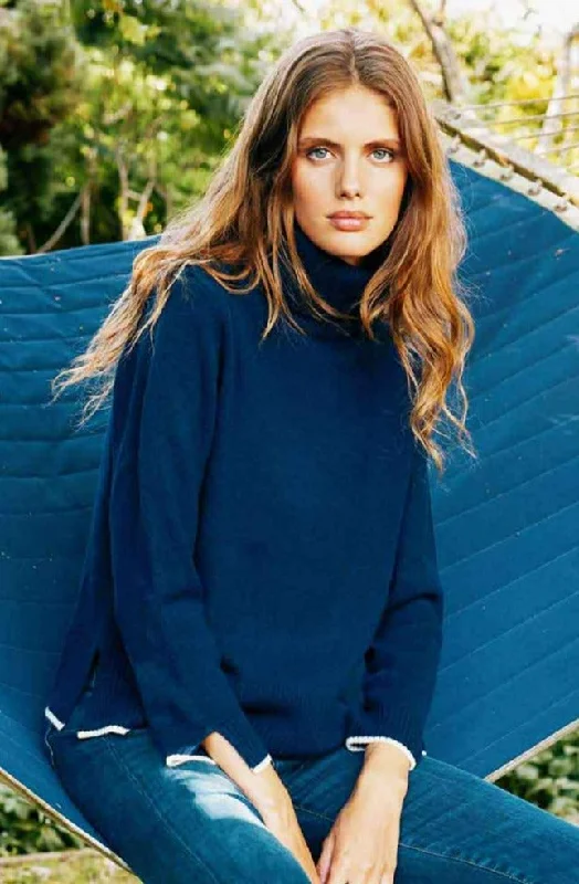 Merino Wool Roll Neck Jumper | Navy/Cream